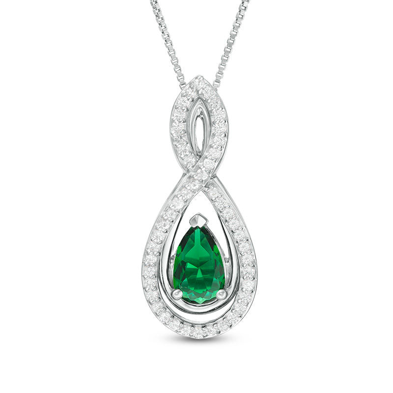 Pear-Shaped Lab-Created Emerald and White Sapphire Intertwining Infinity Three-in-One Pendant in Sterling Silver