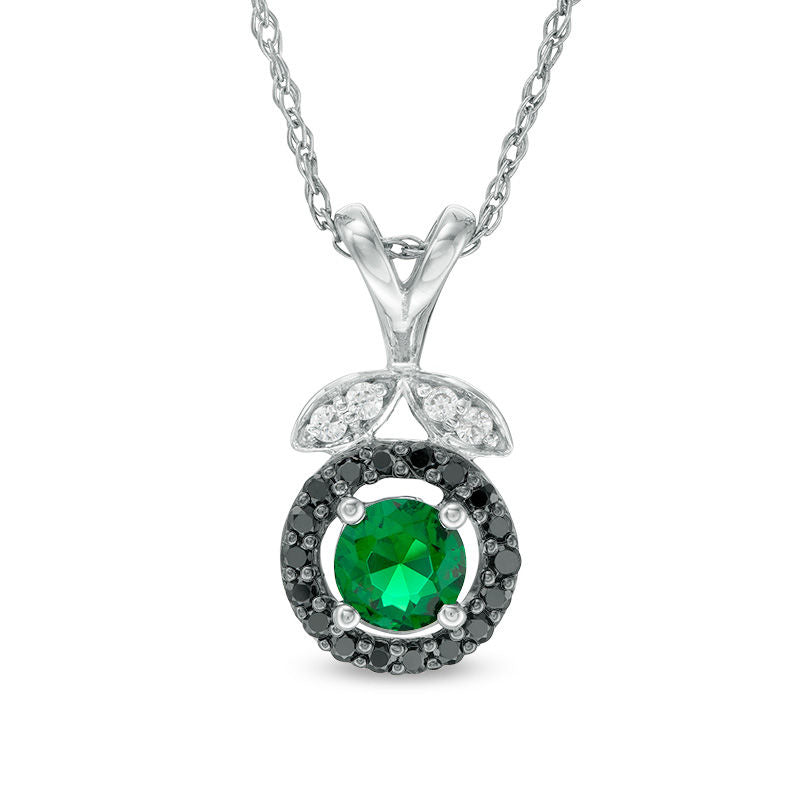 5.0mm Lab-Created Emerald and 0.13 CT. T.W. Enhanced Black and White Diamond Leaf Top Pendant in Sterling Silver
