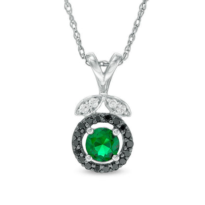 5.0mm Lab-Created Emerald and 0.13 CT. T.W. Enhanced Black and White Diamond Leaf Top Pendant in Sterling Silver