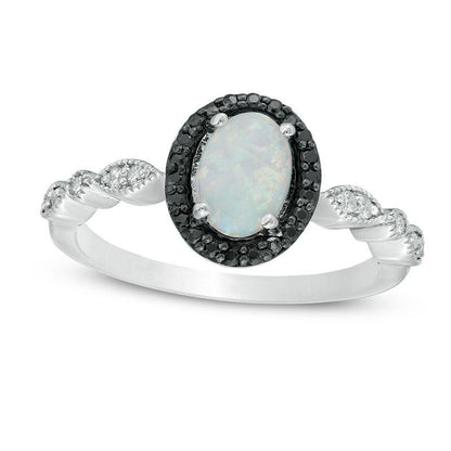Oval Lab-Created Opal and 0.13 CT. T.W. Enhanced Black and White Diamond Frame Ring in Sterling Silver