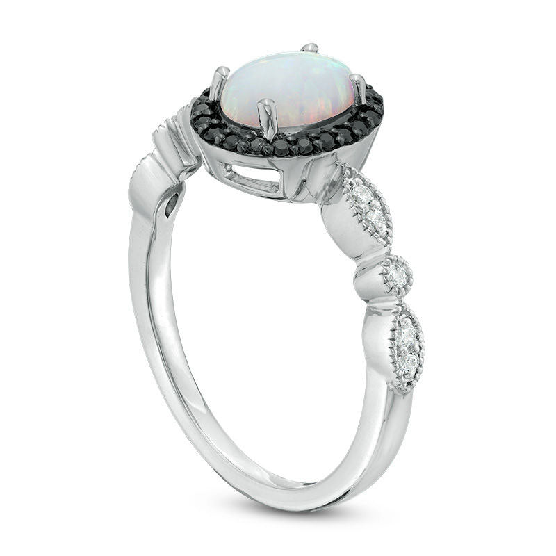 Oval Lab-Created Opal and 0.13 CT. T.W. Enhanced Black and White Diamond Frame Ring in Sterling Silver