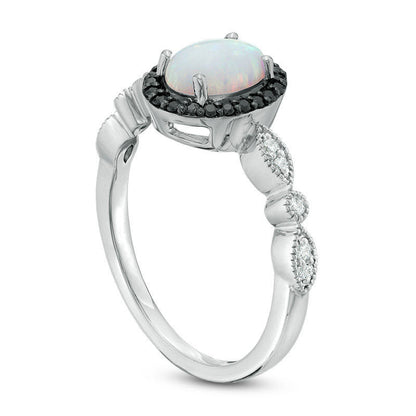 Oval Lab-Created Opal and 0.13 CT. T.W. Enhanced Black and White Diamond Frame Ring in Sterling Silver
