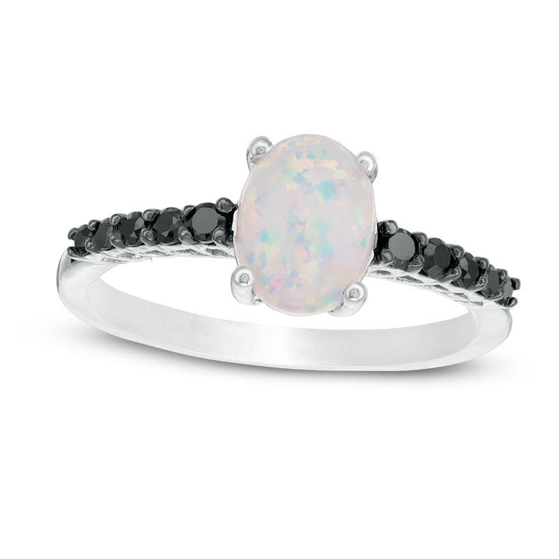 Oval Lab-Created Opal and 0.20 CT. T.W. Enhanced Black Diamond Ring in Sterling Silver