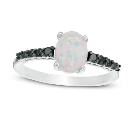 Oval Lab-Created Opal and 0.20 CT. T.W. Enhanced Black Diamond Ring in Sterling Silver