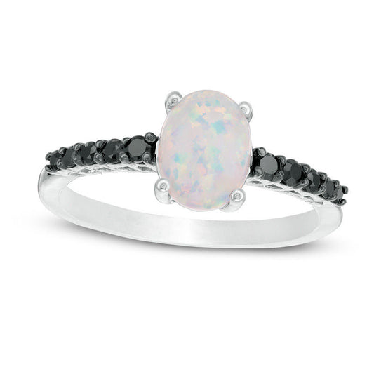Oval Lab-Created Opal and 0.20 CT. T.W. Enhanced Black Diamond Ring in Sterling Silver