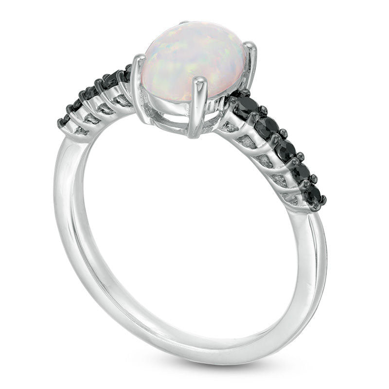 Oval Lab-Created Opal and 0.20 CT. T.W. Enhanced Black Diamond Ring in Sterling Silver