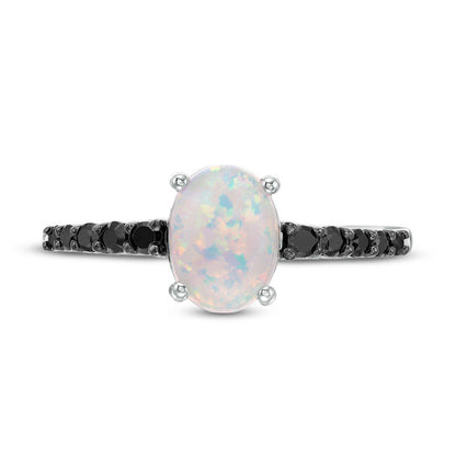 Oval Lab-Created Opal and 0.20 CT. T.W. Enhanced Black Diamond Ring in Sterling Silver