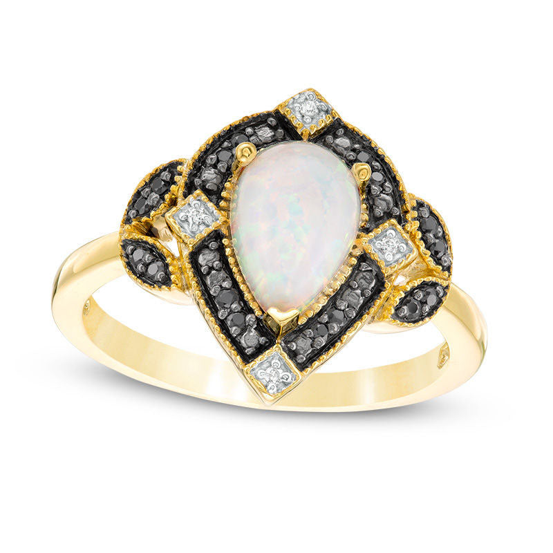 Pear-Shaped Lab-Created Opal and 0.10 CT. T.W. Enhanced Black and White Diamond Art Deco Frame Ring in Solid 10K Yellow Gold