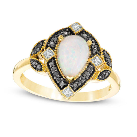 Pear-Shaped Lab-Created Opal and 0.10 CT. T.W. Enhanced Black and White Diamond Art Deco Frame Ring in Solid 10K Yellow Gold
