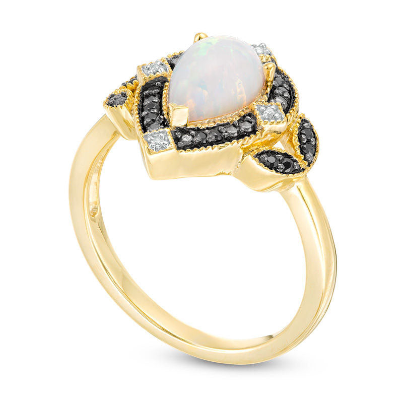 Pear-Shaped Lab-Created Opal and 0.10 CT. T.W. Enhanced Black and White Diamond Art Deco Frame Ring in Solid 10K Yellow Gold