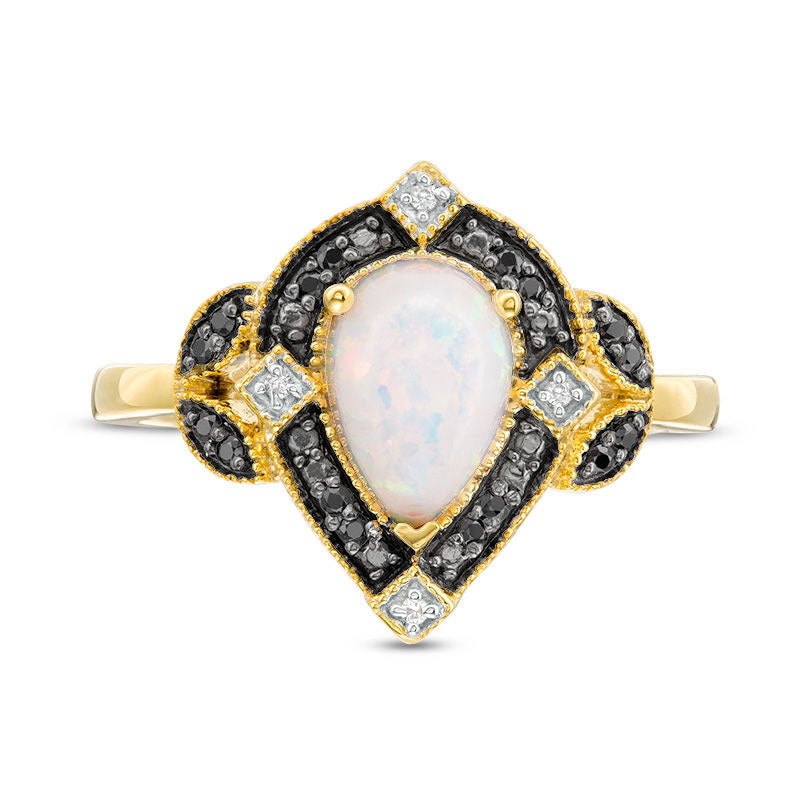 Pear-Shaped Lab-Created Opal and 0.10 CT. T.W. Enhanced Black and White Diamond Art Deco Frame Ring in Solid 10K Yellow Gold