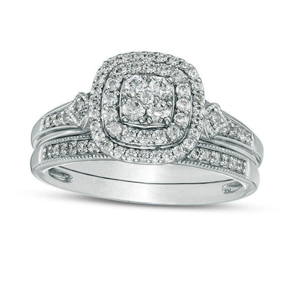 0.50 CT. T.W. Composite Natural Diamond Double Cushion Frame Antique Vintage-Style Bridal Engagement Ring Set in Solid 10K White Gold
