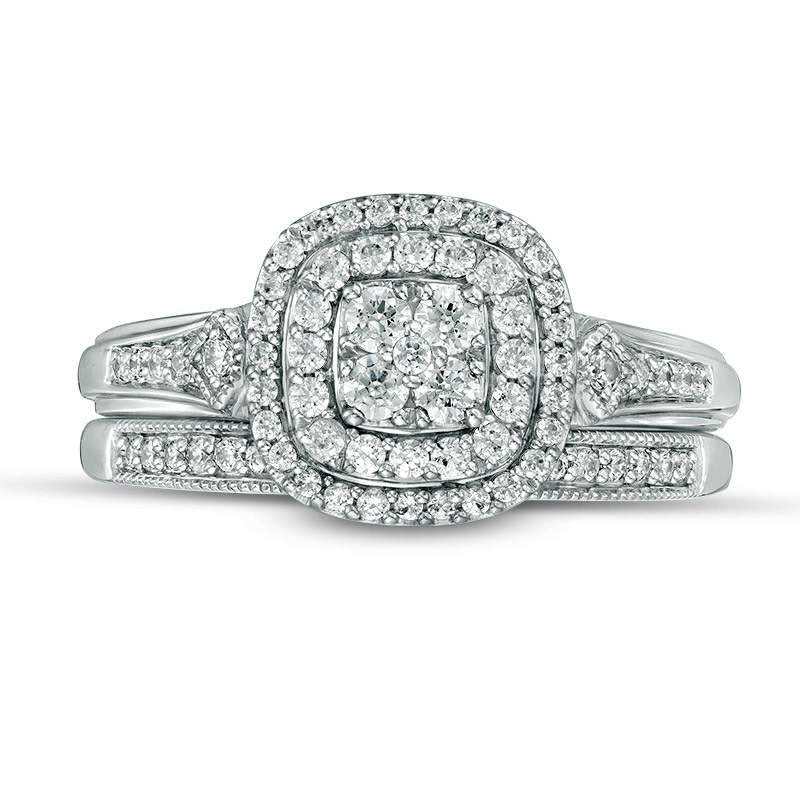 0.50 CT. T.W. Composite Natural Diamond Double Cushion Frame Antique Vintage-Style Bridal Engagement Ring Set in Solid 10K White Gold