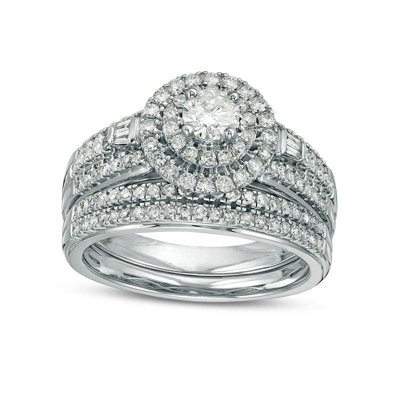 1.0 CT. T.W. Natural Diamond Double Frame Multi-Row Bridal Engagement Ring Set in Solid 10K White Gold