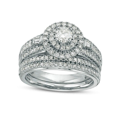 1.0 CT. T.W. Natural Diamond Double Frame Multi-Row Bridal Engagement Ring Set in Solid 10K White Gold