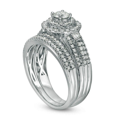 1.0 CT. T.W. Natural Diamond Double Frame Multi-Row Bridal Engagement Ring Set in Solid 10K White Gold