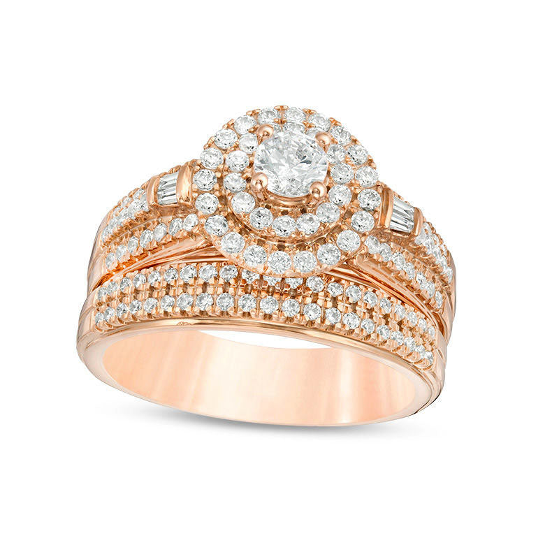 1.0 CT. T.W. Natural Diamond Double Frame Multi-Row Bridal Engagement Ring Set in Solid 10K Rose Gold