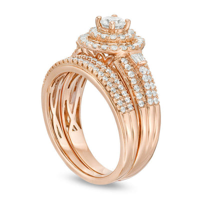 1.0 CT. T.W. Natural Diamond Double Frame Multi-Row Bridal Engagement Ring Set in Solid 10K Rose Gold
