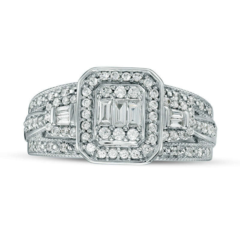 0.50 CT. T.W. Composite Natural Diamond Octagonal Frame Antique Vintage-Style Engagement Ring in Solid 14K White Gold