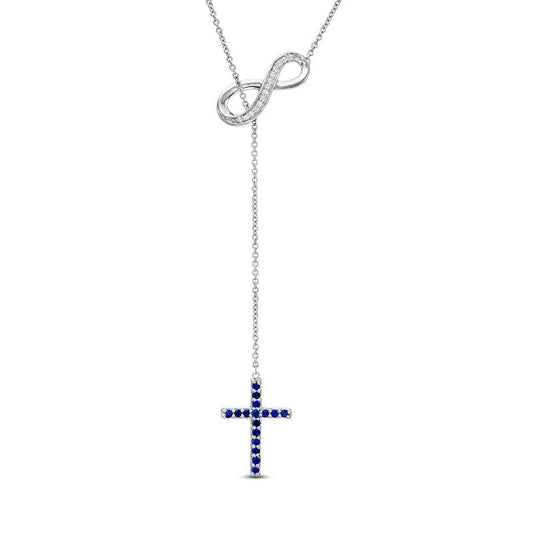 Lab-Created Blue and White Sapphire Cross and Infinity Lariat Necklace in Sterling Silver - 20"