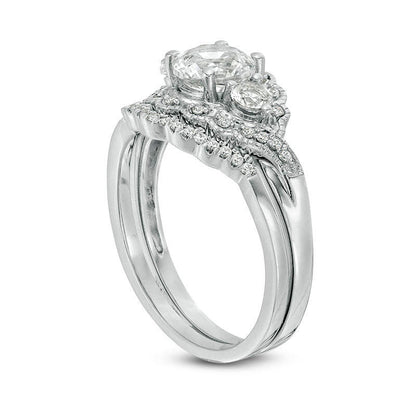 Lab-Created White Sapphire and 0.17 CT. T.W. Diamond Three Stone Bypass Antique Vintage-Style Bridal Engagement Ring Set in Sterling Silver