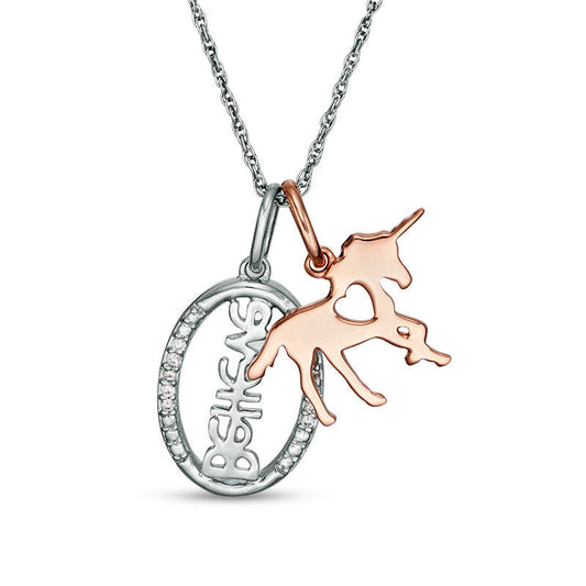 0.05 CT. T.W. Natural Diamond Unicorn and Oval Believe" Charms Pendant in Sterling Silver and 10K Rose Gold Plate"