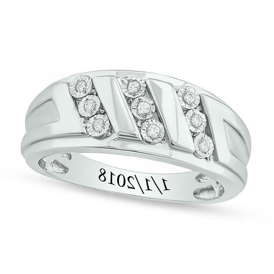 Men's 0.10 CT. T.W. Natural Diamond Triple Row Slant Engravable Wedding Band in Sterling Silver (1 Line)