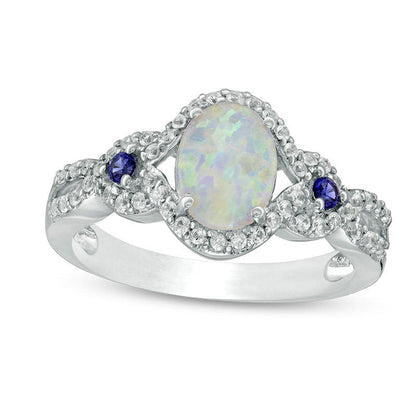 Oval Lab-Created Opal, Blue and White Sapphire Open Frame Twist Shank Ring in Sterling Silver