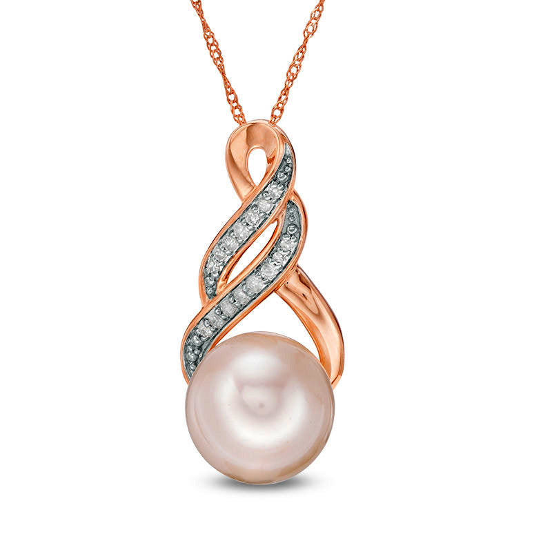 9.0 - 9.5mm Cultured Freshwater Pearl and 0.05 CT. T.W. Natural Diamond Infinity Twist Pendant in 10K Rose Gold