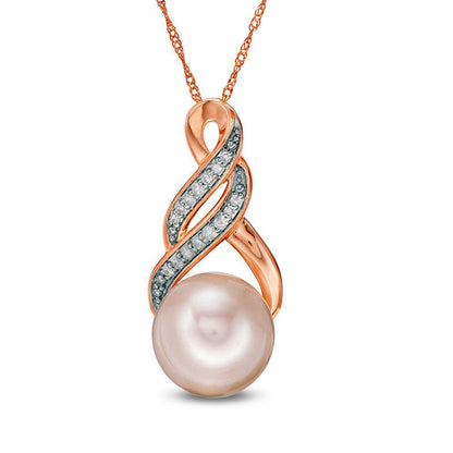 9.0 - 9.5mm Cultured Freshwater Pearl and 0.05 CT. T.W. Natural Diamond Infinity Twist Pendant in 10K Rose Gold