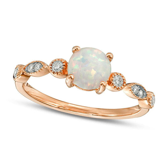 6.0mm Lab-Created Opal and 0.10 CT. T.W. Diamond Antique Vintage-Style Ring in Solid 10K Rose Gold