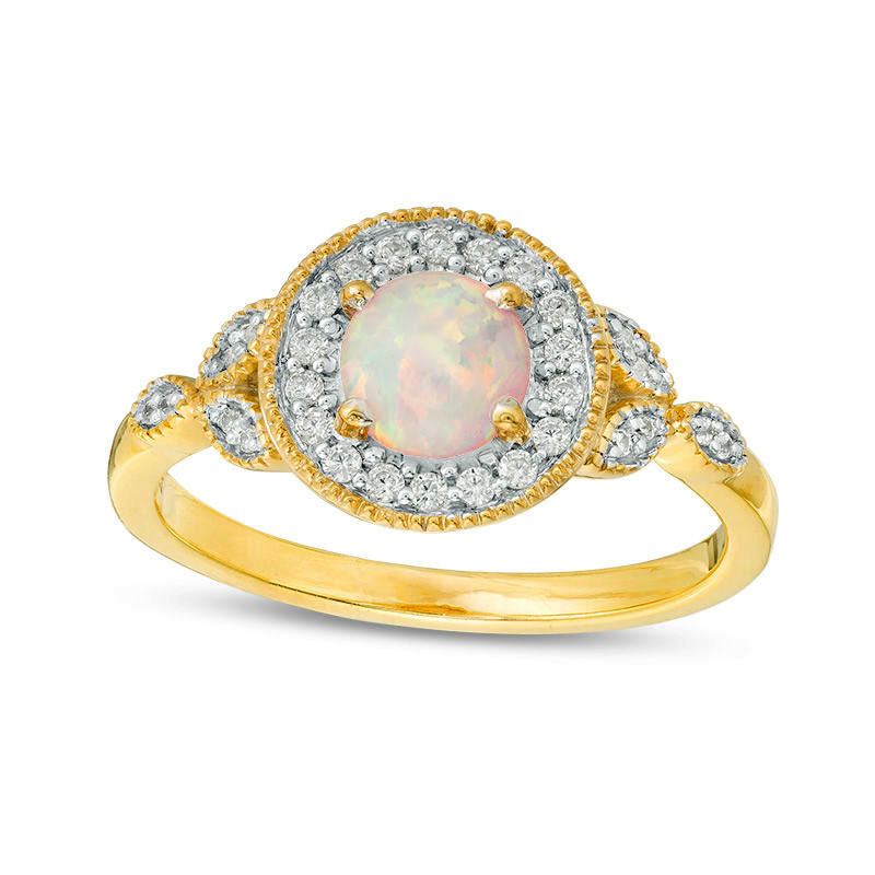 5.5mm Lab-Created Opal and 0.13 CT. T.W. Diamond Frame Antique Vintage-Style Ring in Solid 10K Yellow Gold