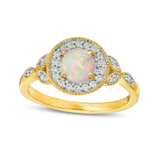 5.5mm Lab-Created Opal and 0.13 CT. T.W. Diamond Frame Antique Vintage-Style Ring in Solid 10K Yellow Gold