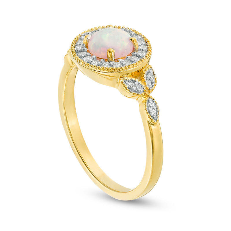 5.5mm Lab-Created Opal and 0.13 CT. T.W. Diamond Frame Antique Vintage-Style Ring in Solid 10K Yellow Gold