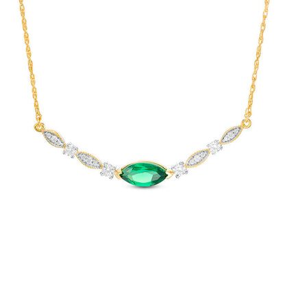 Marquise Lab-Created Emerald and 0.2 CT. T.W. Diamond Antique Vintage-Style Necklace in 10K Yellow Gold