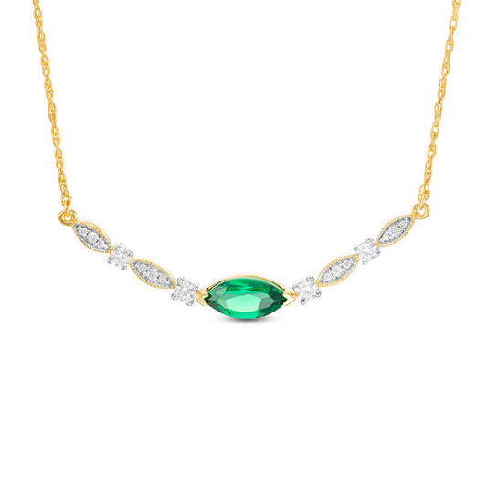 Marquise Lab-Created Emerald and 0.2 CT. T.W. Diamond Antique Vintage-Style Necklace in 10K Yellow Gold