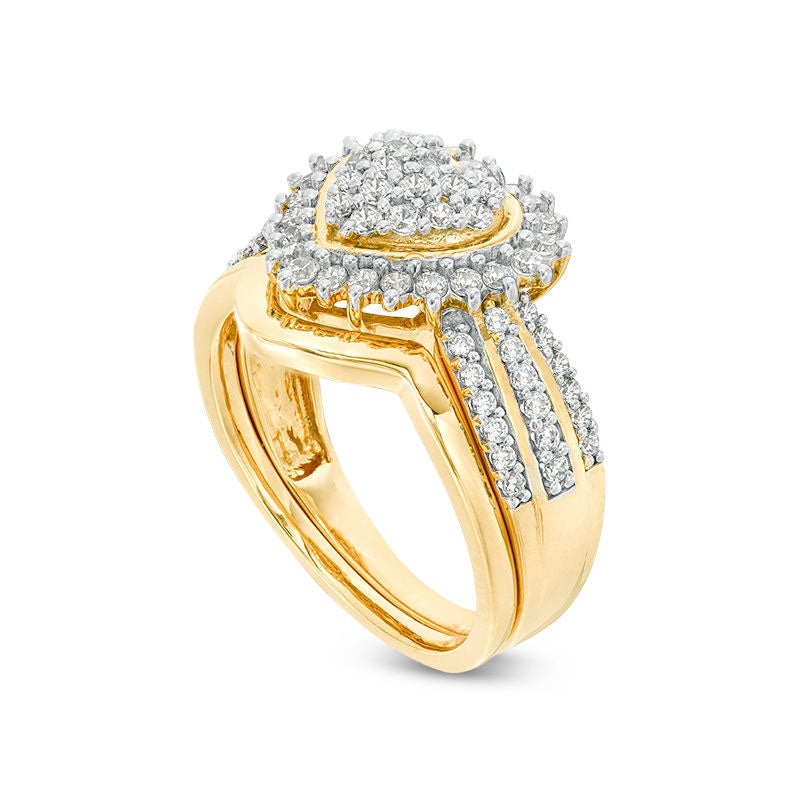 0.63 CT. T.W. Composite Natural Diamond Sunburst Heart Frame Multi-Row Bridal Engagement Ring Set in Sterling Silver with Solid 14K Gold Plate