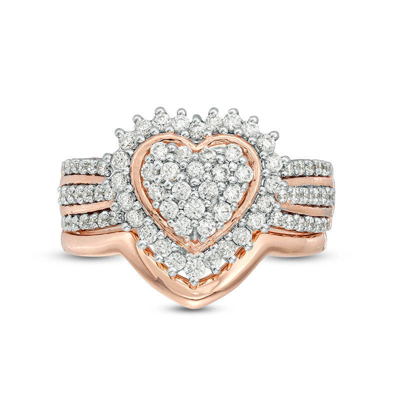0.63 CT. T.W. Composite Natural Diamond Sunburst Heart Frame Multi-Row Bridal Engagement Ring Set in Sterling Silver with Solid 14K Rose Gold Plate