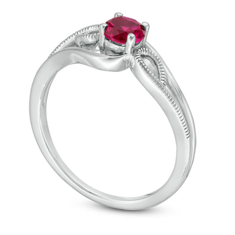 4.0mm Lab-Created Ruby Solitaire Textured Loop Bypass Split Shank Promise Ring in Sterling Silver