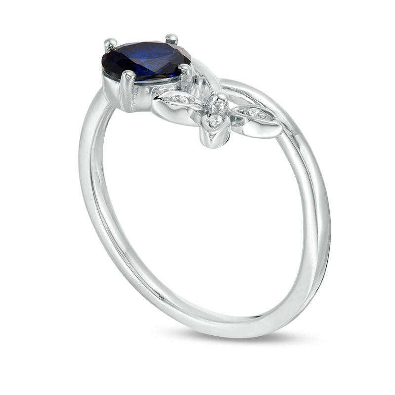 Oval Lab-Created Blue Sapphire and Diamond Accent Tri-Leaf Crossover Promise Ring in Sterling Silver