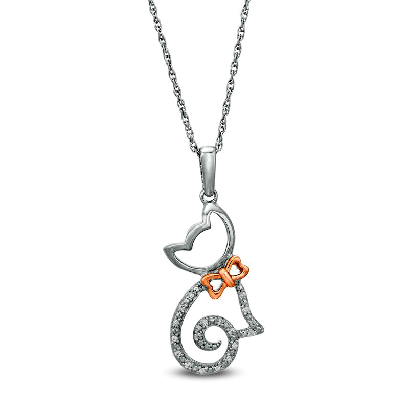 0.05 CT. T.W. Natural Diamond Cat with Bow Pendant in Sterling Silver and 14K Rose Gold