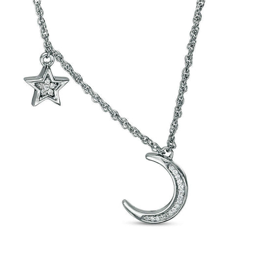 0.07 CT. T.W. Natural Diamond Crescent Moon and Star Necklace in Sterling Silver