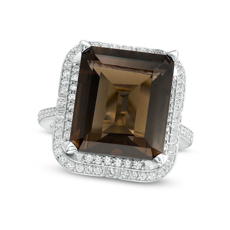 Emerald-Cut Smoky Quartz and Lab-Created White Sapphire Double Frame Ring in Sterling Silver