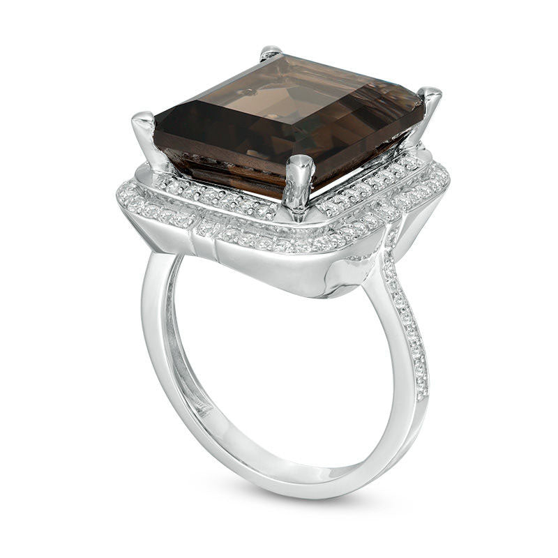 Emerald-Cut Smoky Quartz and Lab-Created White Sapphire Double Frame Ring in Sterling Silver