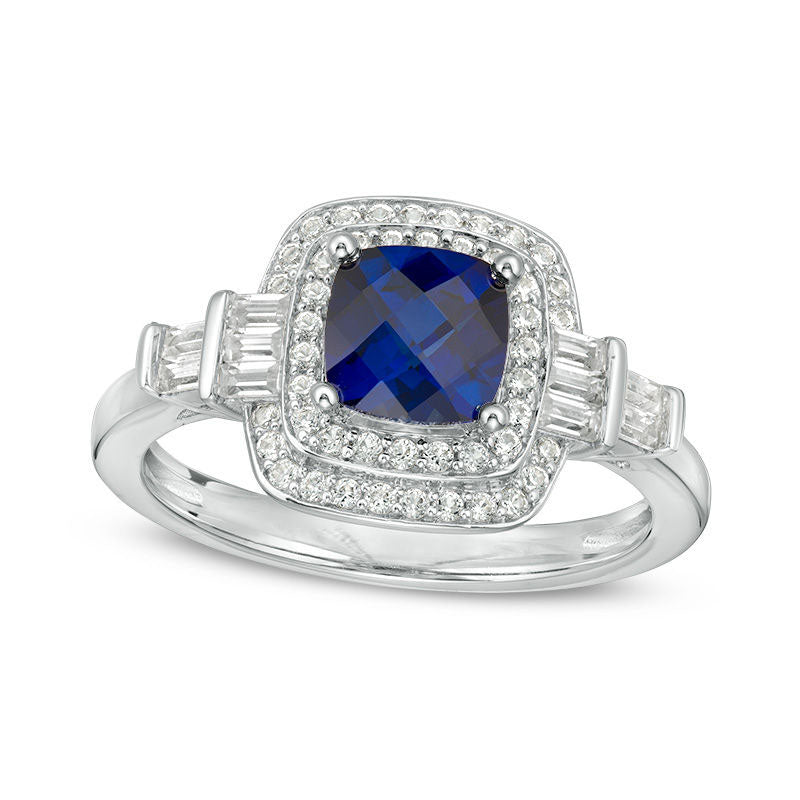 6.0mm Cushion-Cut Lab-Created Blue and White Sapphire Double Frame Art Deco Ring in Sterling Silver