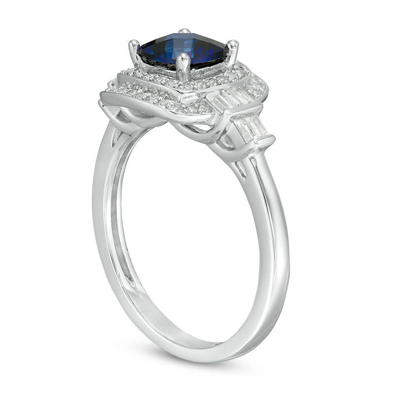 6.0mm Cushion-Cut Lab-Created Blue and White Sapphire Double Frame Art Deco Ring in Sterling Silver