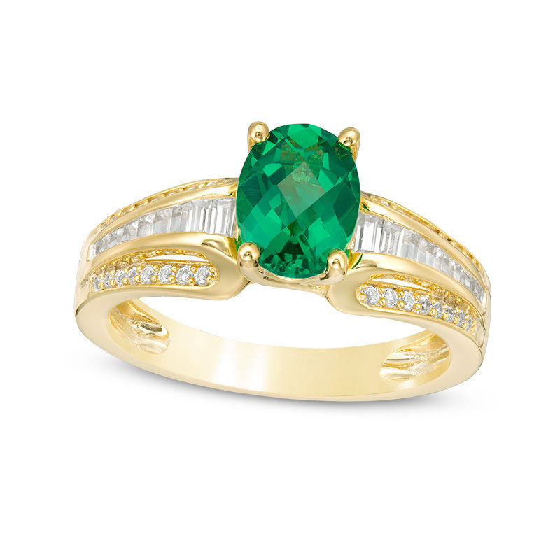 Oval Lab-Created Emerald and White Sapphire Multi-Row Ring in Sterling Silver with Solid 14K Gold Plate