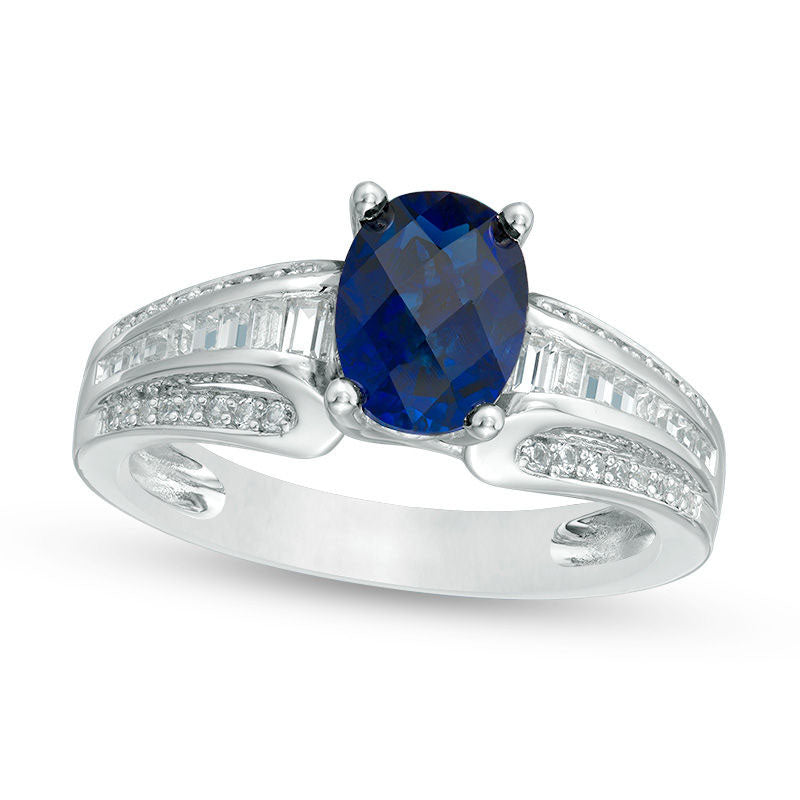 Lab-Created Oval Blue and White Sapphire Multi-Row Ring in Sterling Silver