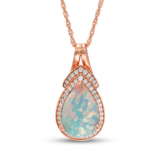 Pear-Shaped Lab-Created Opal and White Sapphire Frame and V"-Top Pendant in Sterling Silver with 14K Rose Gold Plate"