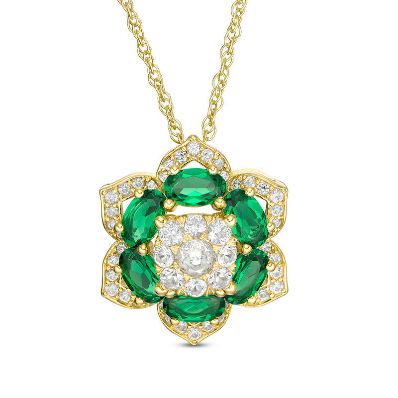 Lab-Created Emerald and White Sapphire Flower Frame Pendant in Sterling Silver with 14K Gold Plate
